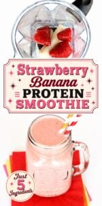 Strawberry banana protein smoothie in mason jar mug with straws.