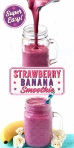 Strawberry Banana Smoothie in mason jar mug with straws.