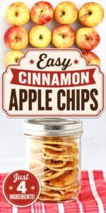 Stack of dehydrated apple chips in mason jar.