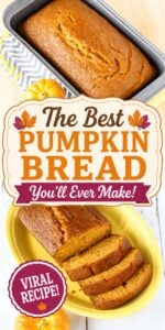 Collage with pumpkin bread in loaf pan and sliced pumpkin bread on plate.