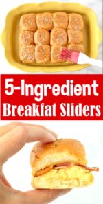 Breakfast sliders with bacon, eggs, and cheese in 9x13 baking dish.