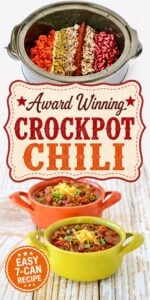 Collage with chili in crockpot and two bowls of chili with beef and beans, garnished with shredded cheddar cheese.
