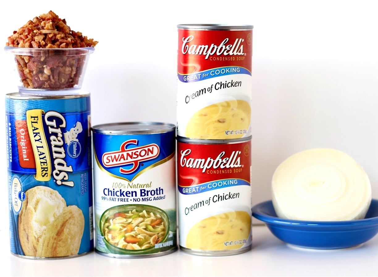 Ingredients for crockpot chicken and dumplings with canned biscuits.
