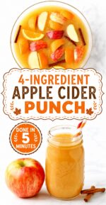 Collage with fall apple cider punch in punch bowl, and apple cider punch in mason jar.