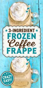 Frozen coffee frappe in mason jar mug with whip cream on top and straw.