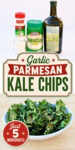 Crispy garlic parmesan kale chips in small bowl.