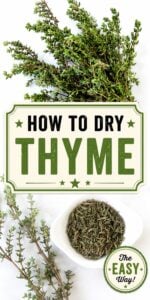 Dried Thyme in small bowl with Thyme leaves to the side.
