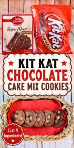 Kit Kat chocolate cake mix cookies on napkin in basket.