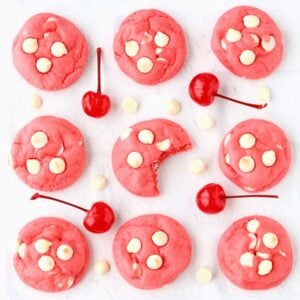 Cherry chip cookies with white chocolate chips.