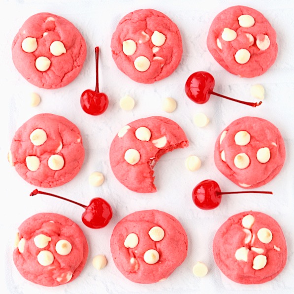 Cherry chip cookies with white chocolate chips.