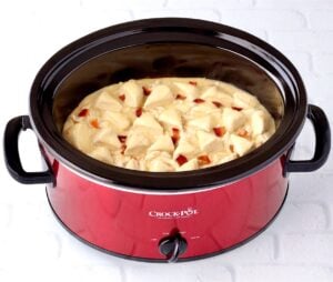 Chicken and dumplings cooking in crockpot.