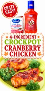 Collage with crockpot cranberry chicken ingredients and cranberry chicken on plate.