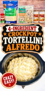Cheese tortellini with alfredo sauce in crockpot.