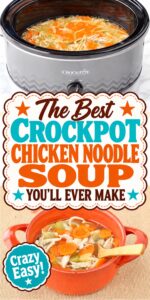 Chicken noodle soup in crockpot.