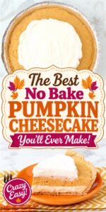 Slice of no bake pumpkin cheesecake on plate with whip cream on top.