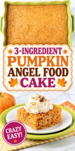 Piece of pumpkin angel food cake on plate with whip cream on top.
