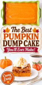 Slice of pumpkin dump cake on plate with scoop of vanilla ice cream on top.