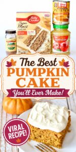 Slice of pumpkin spice cake on plate with cream cheese frosting on top.