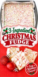 3 Ingredient Christmas fudge in pan with crushed candy canes on top.