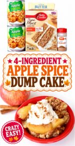 Apple dump cake in small bowl with whip cream on top.