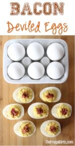 Bacon deviled eggs on cutting board.