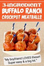 Buffalo wing meatballs in small dish with toothpicks inserted.