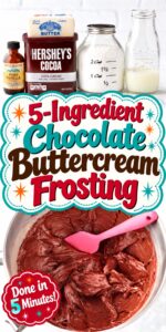 Homemade chocolate buttercream frosting in mixing bowl with spatula.