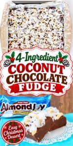 Two pieces of coconut chocolate fudge on napkin with Almond Joy candy bar in the background.