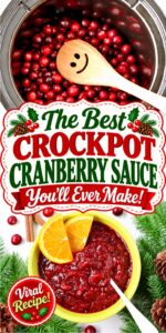 Homemade cranberry sauce in small bowl with spoon and orange slices.
