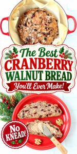 No Knead Orange Cranberry Walnut Bread slices on plate with butter being spread on it.