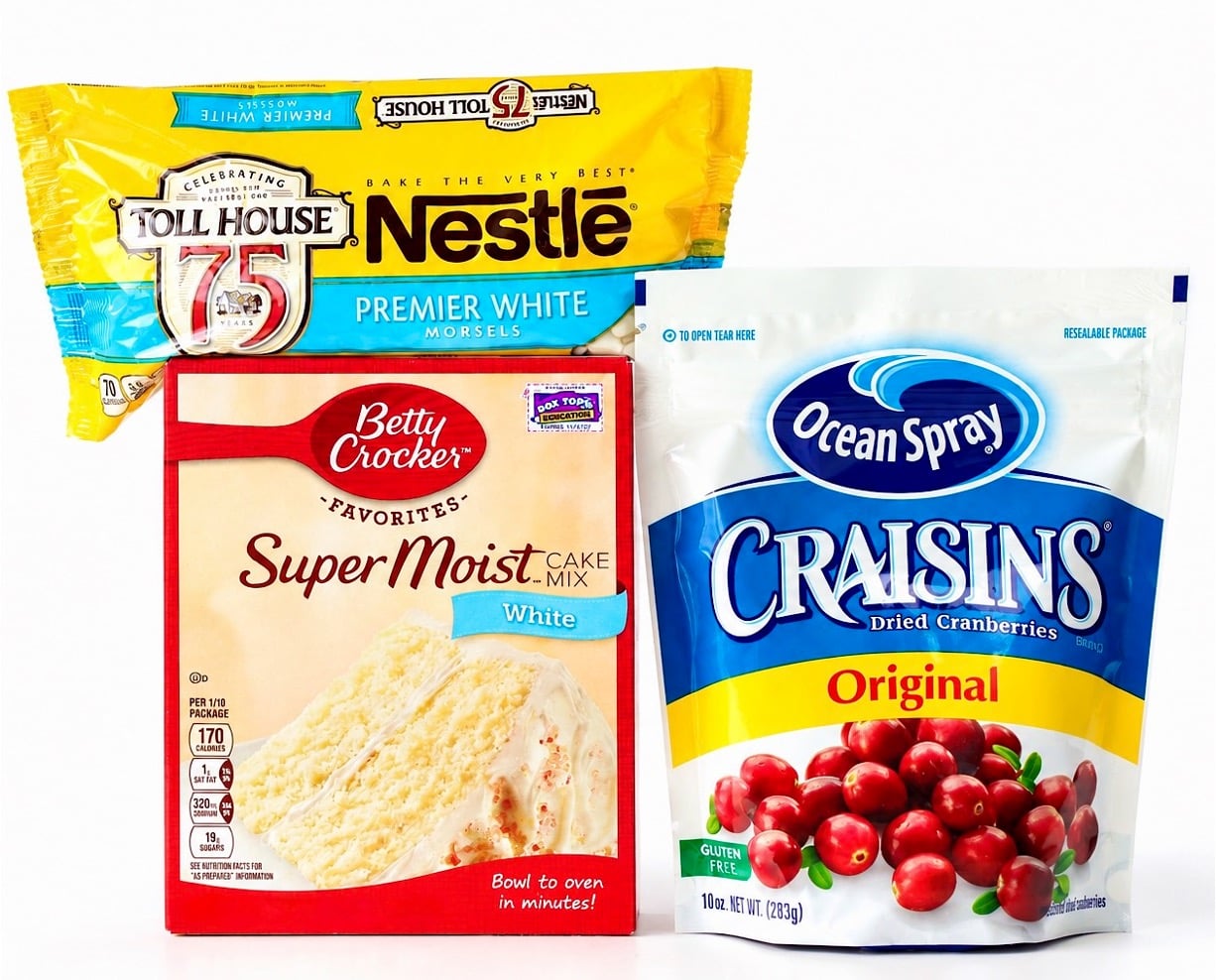 Ingredients for cranberry white chocolate cake mix cookies.