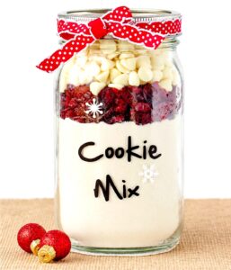 Cranberry white chocolate cookie mix in mason jar.