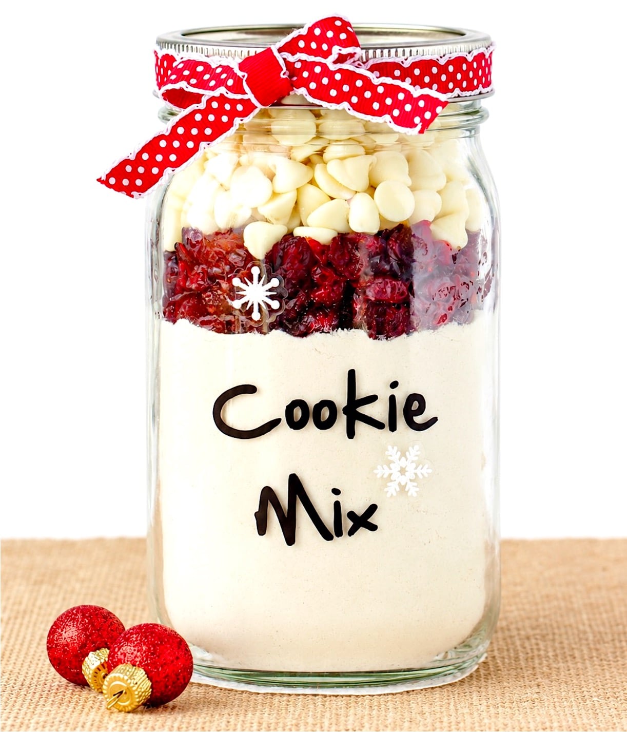 Cranberry white chocolate cookie mix in mason jar.