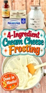 Homemade cream cheese frosting in mixing bowl with spatula.