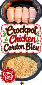 Chicken cordon bleu cooking in crockpot.