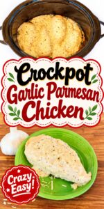 Chicken in crockpot covered with creamy garlic parmesan sauce.