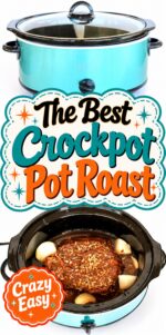 Beef roast with onions in crockpot.