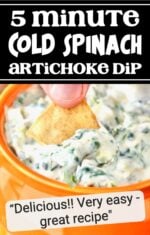 Hand dipping chip into cold spinach artichoke dip.