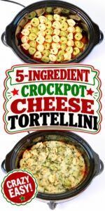 Cheese tortellini in crockpot topped with melted cheese.