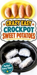 Sweet potatoes wrapped in foil inside crockpot.