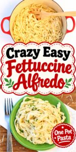 Homemade fettuccine Alfredo in small dish with fork to the side.