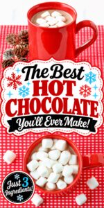Homemade hot chocolate in red mug with marshmallows on top.