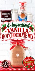 Vanilla hot chocolate mix in mason jar mug with lid and bow.
