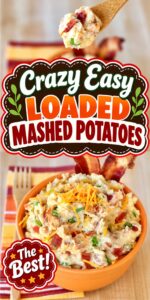 Loaded mashed potatoes with bacon and cheese in bowl.