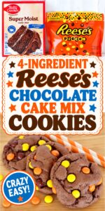 Reese's Chocolate Cake mix cookies on cutting board with Reese's Pieces candies to the side.