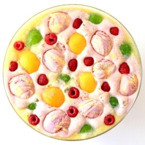 Rainbow sherbet punch with in punch bowl.