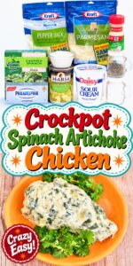 Creamy spinach artichoke chicken on plate with parsley.