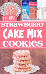 Stack of pink strawberry cake mix cookies with powdered sugar crinkles.