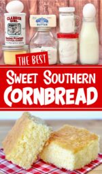 Two pieces of cornbread on napkin.